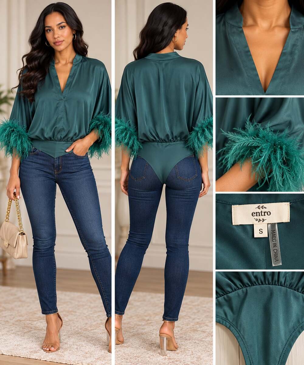 Entro Satin Bodysuit Size S Green Feather Cuff